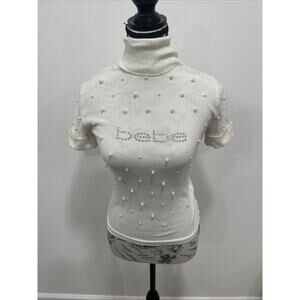 Bebe Cream Short Sleeve Turtleneck Pearl Sequin Logo Sweater Girly Core Sz S